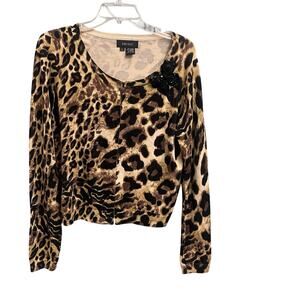 Karen Kane Cheetah Cardigan Sweater Sequin Bow Size Large Lightweight